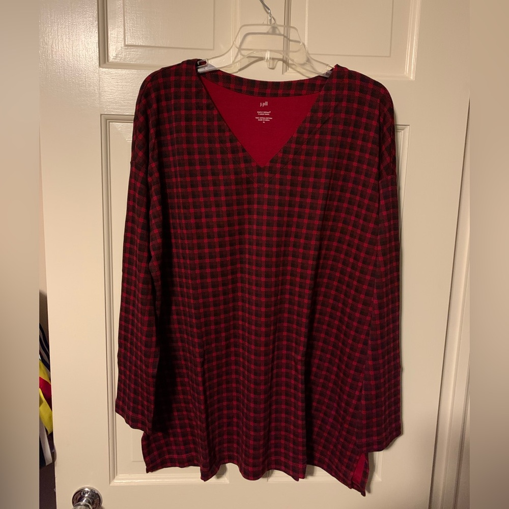 J.Jill Women's XL Simply Supima Cotton V-Neck Tunic Red Black Buffalo Plaid